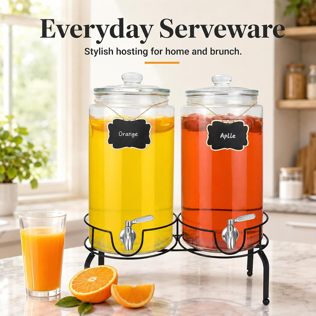 Gallon Beverage Dispenser 2 Pack, Stainless Steel Spigot Drink Dispenser for Parties with Stand, Clear Glass Drink - Set of 2