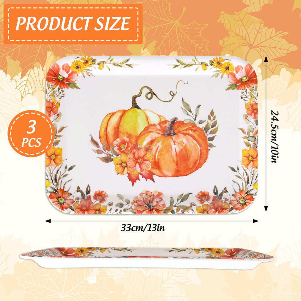 3Pcs Fall Serving Tray, Watercolor Floral Pumpkin, 10 x 13 in