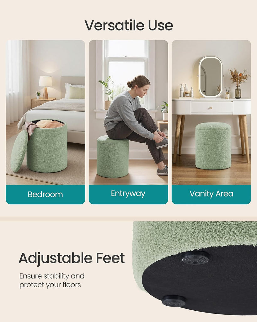 Vanity Stool, Set of 2, Round Storage Ottoman, Teddy Fleece | Small Coffee Table, Removable Lid, Easy Assembly