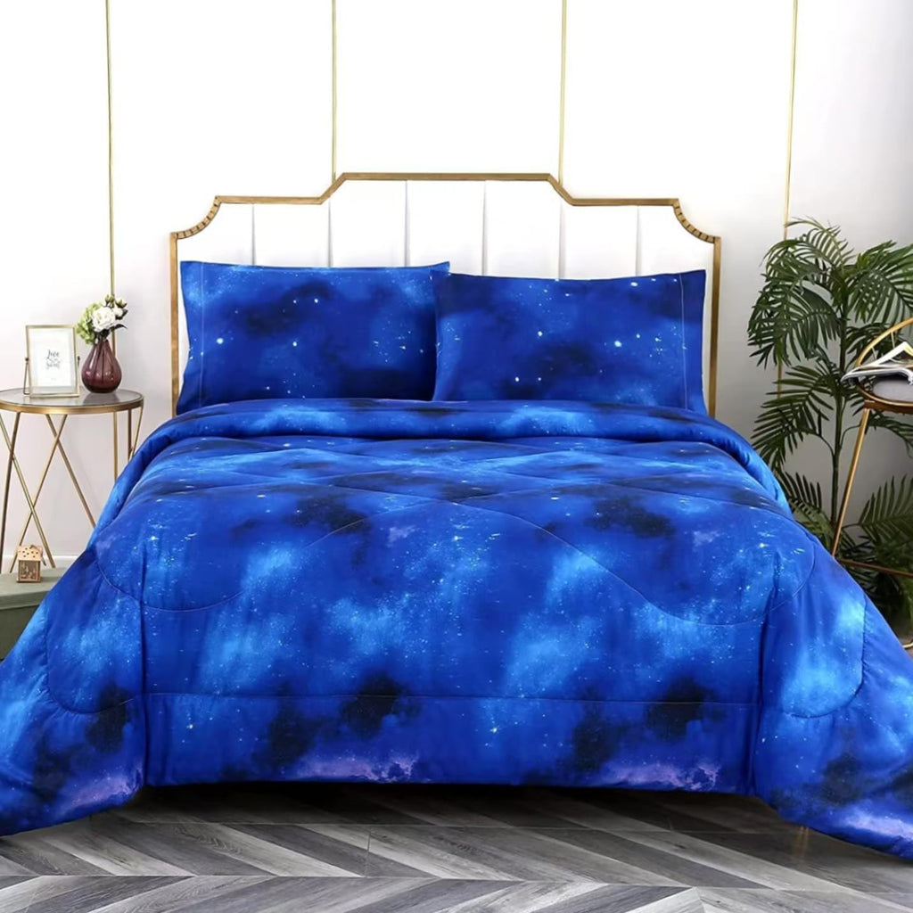 Blue Galaxy Comforter Set Full 3 Pieces, Soft Microfiber Lightweight Blue Space Comforter Full, Galaxy Bedding for
