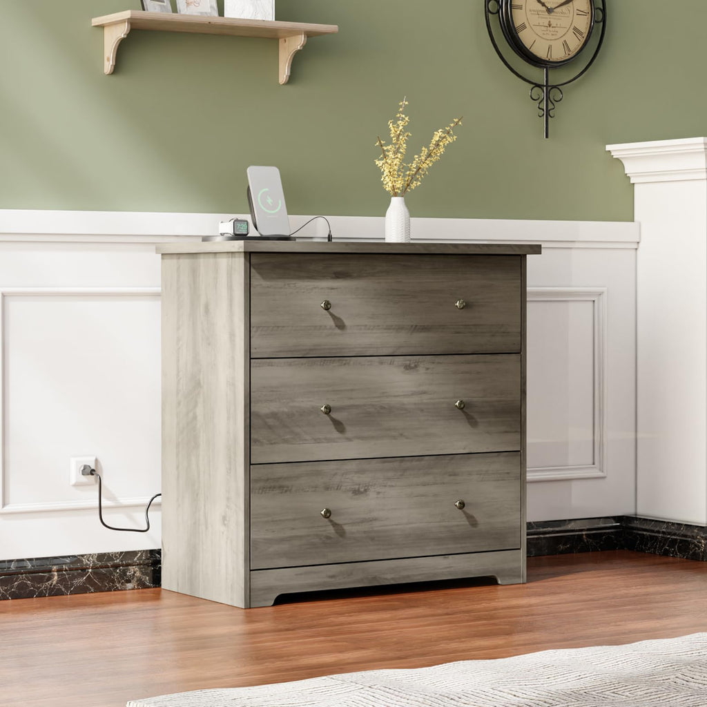 3 Drawer Dresser with Charging Station, Small Dresser Grey Chest of Drawers, 31.5" W Gray Wood Dressers, 15.75" D x