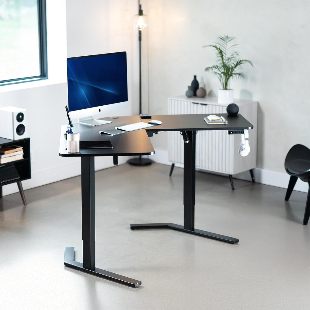 Black 55 x 55 in Corner Standing Desk, DESK-E1L110B | Electric, L-Shaped Table, Sit Stand, Height Adjustable, Memory