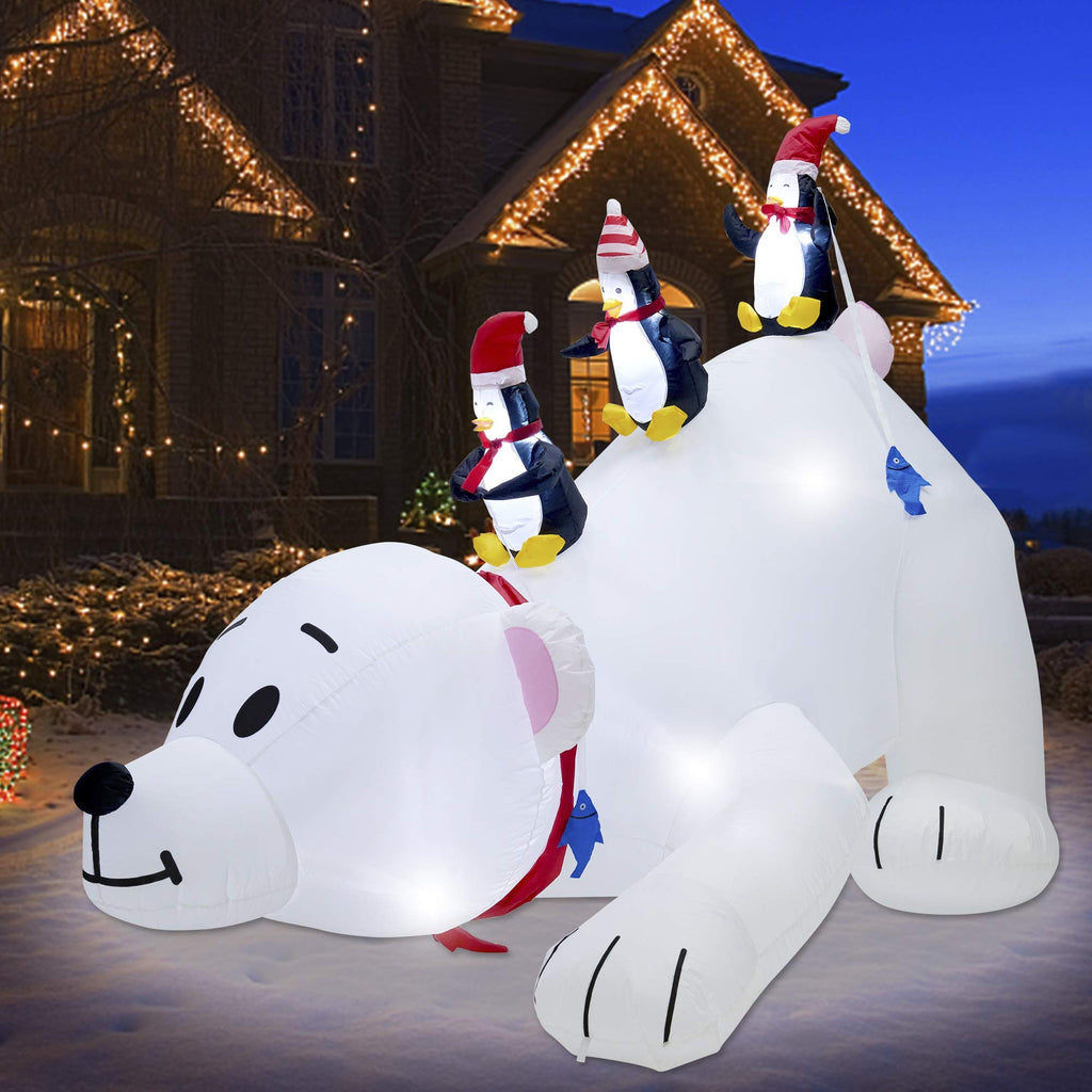 Christmas 7.7(L) x 6 FT(H) Inflatables Lighted Polar Bear with Three Penguins, Blow Up White Bear Happy Fishing