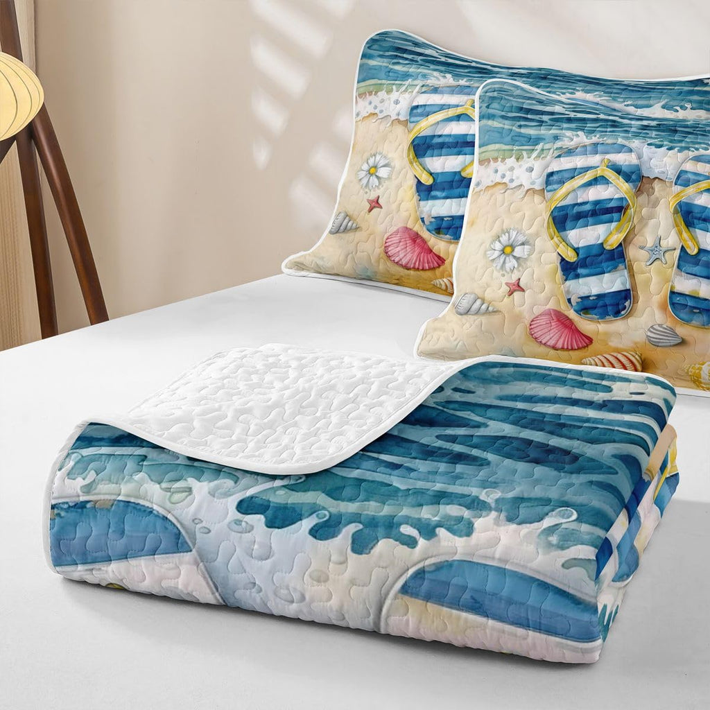 Flip Flop Quilted Bedspread Set, Seashell Starfish Microfiber Lightweight, Tropical Beach Quilt Sets for All