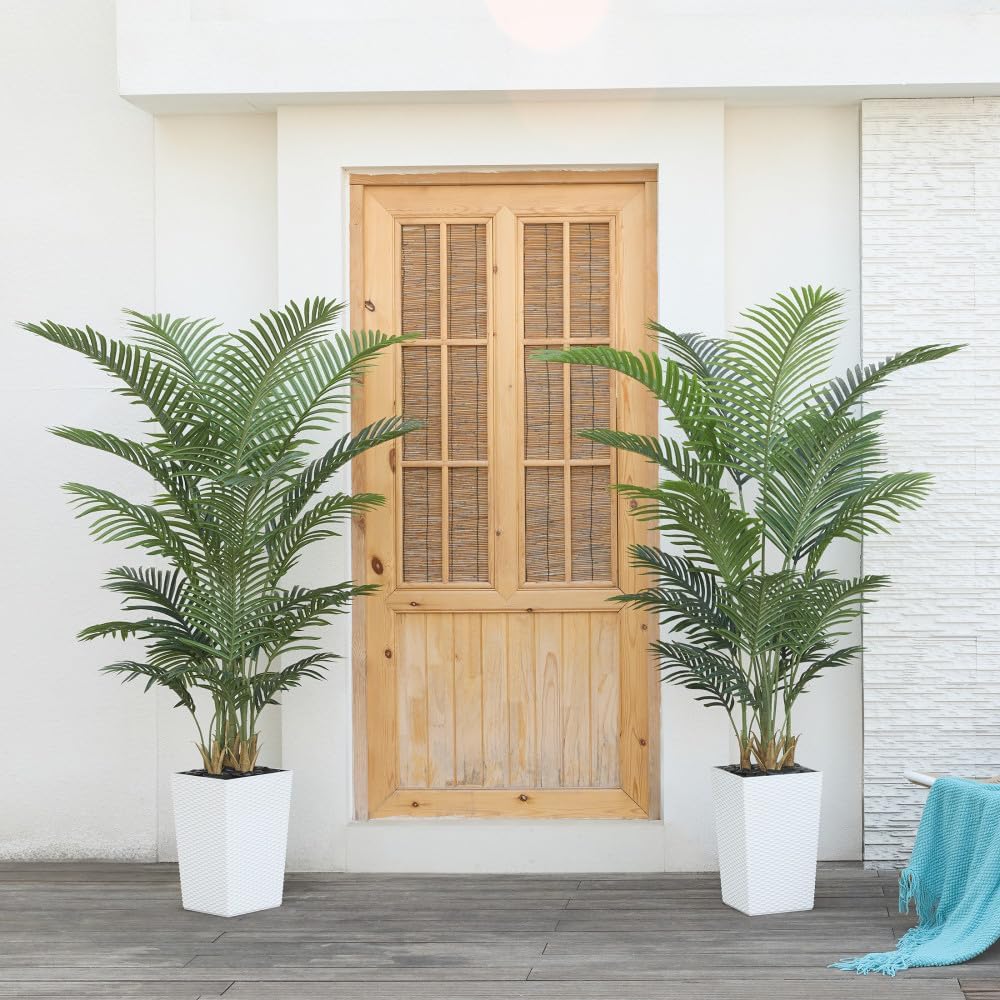6FT Artificial Palm Tree - Tall Fake Tree with White Taper Planter & Pebbles, UV Resistant Decor - Large Potted Faux