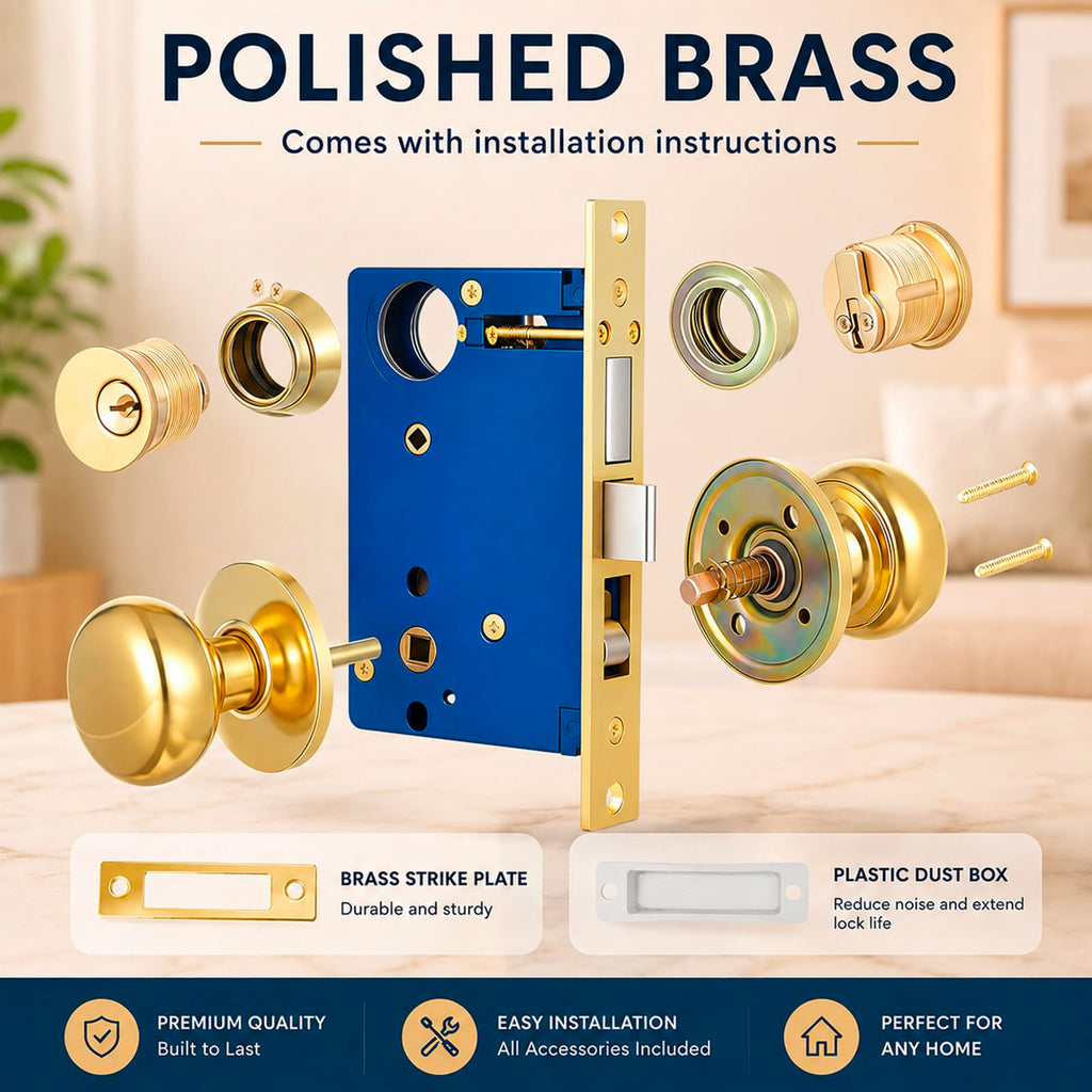 1 Set Double Cylinder Mortise Lock, Right Hand Reverse, Brass