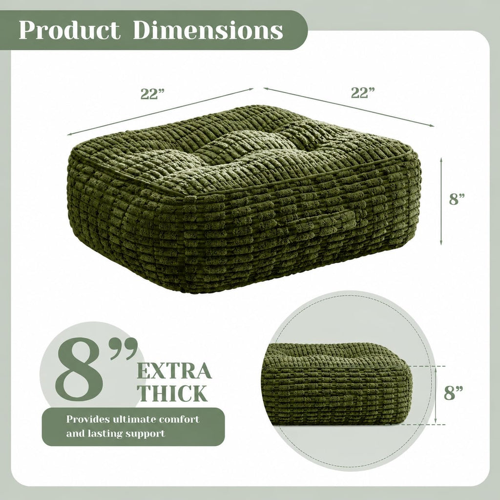 8" Extra Thick Floor Pillow Cushion for Adults, 22x22 Large Square Meditation Cushion with Handle, Memory Foam