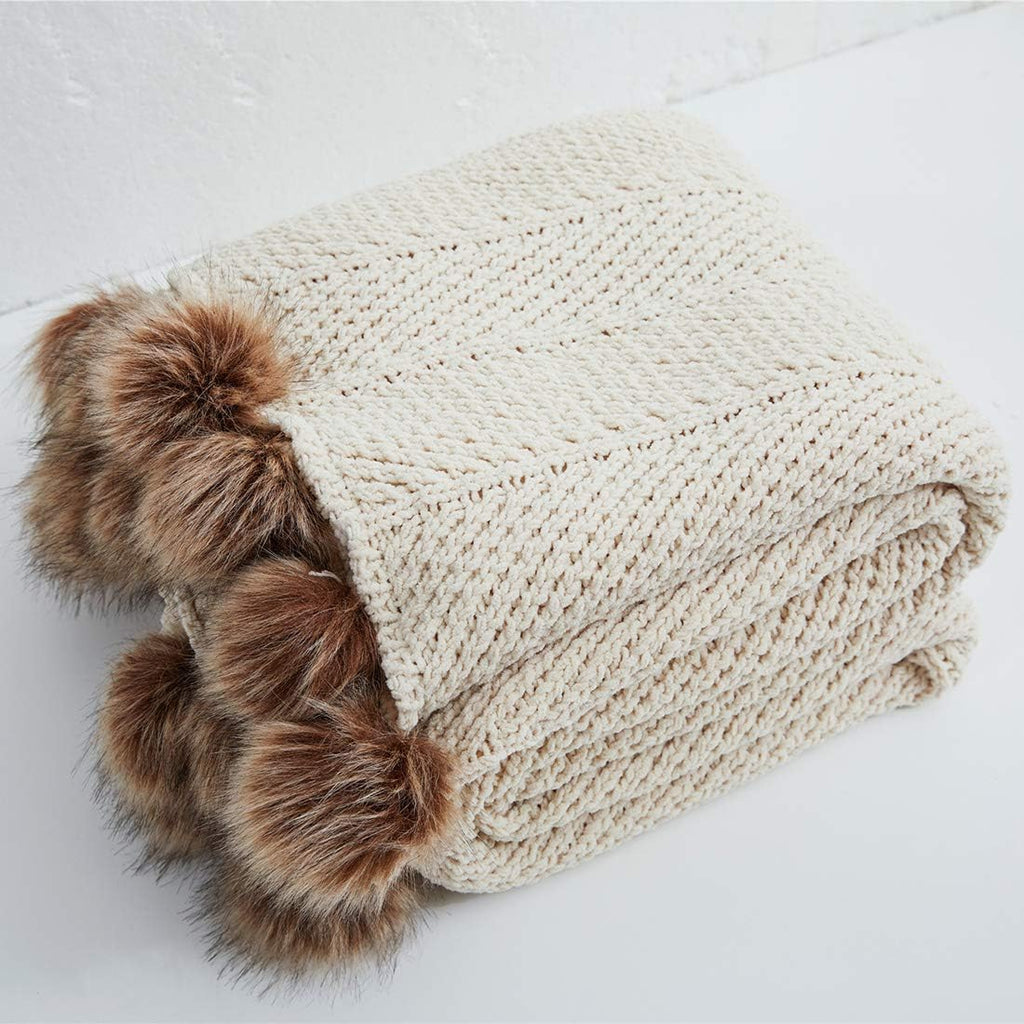 Fur Pom Pom Knit Throw Blanket Super Soft Warm Cozy Cable Knitted Blanket