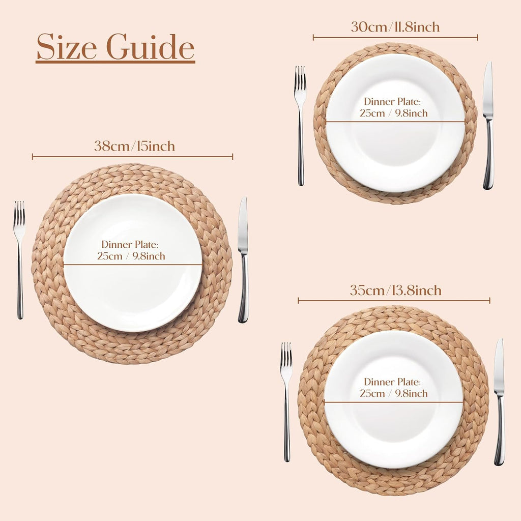 6 Pack, Round Woven Placemats, Natural Water Hyacinth Wicker Place mats, Braided Straw Table Mats, Charger Plates for