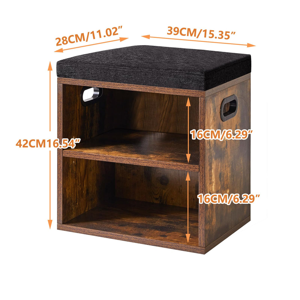Small Shoe Storage Bench with Cushion, Rustic Brown