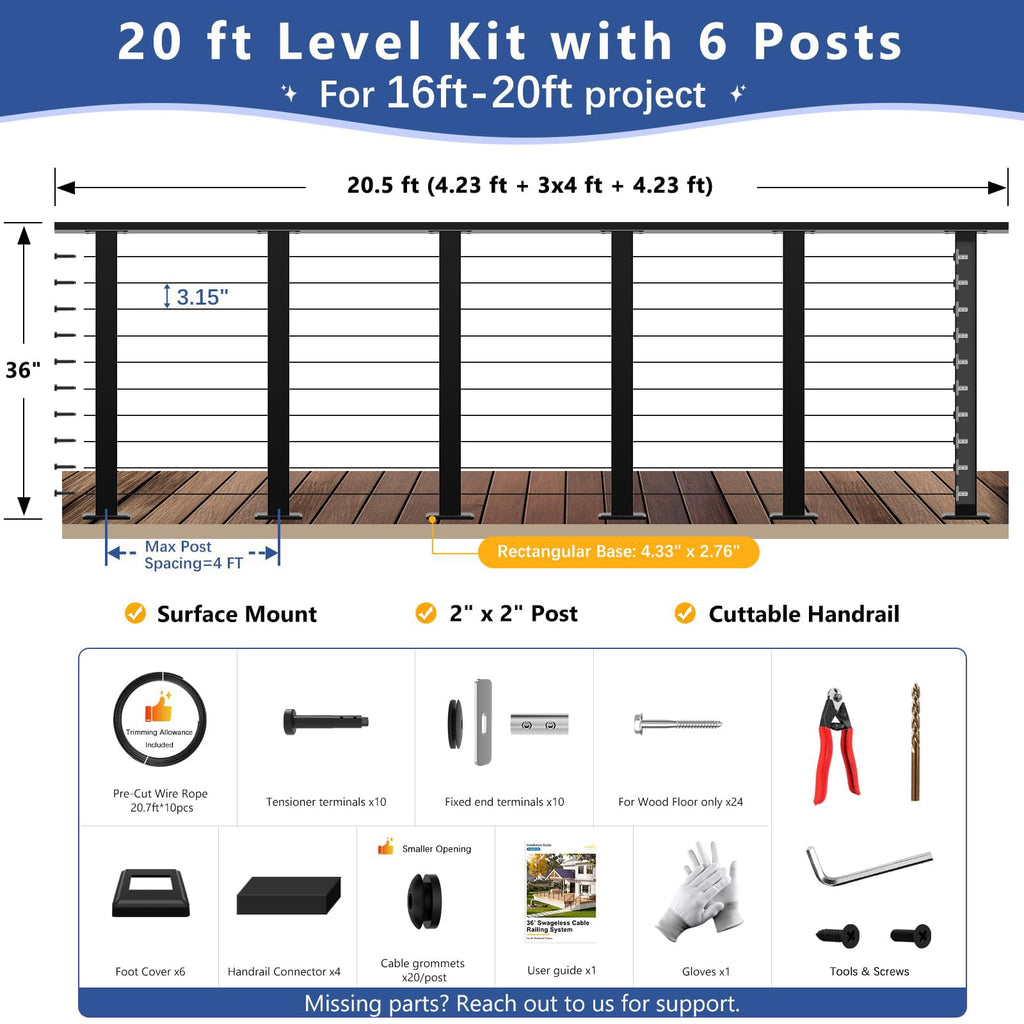 16-20FT Modular 36" Swageless Cable Railing System with Handrail