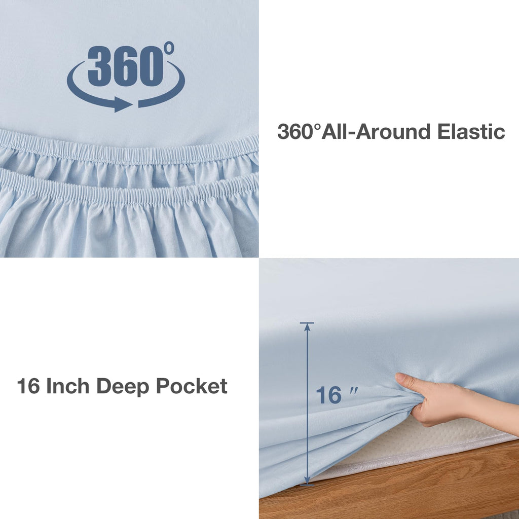Light Blue 100% Washed Cotton Linen Feel Sheet Set
