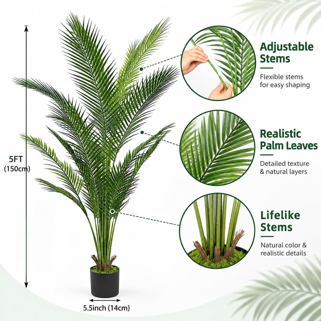 5FT Artificial Palm Trees 2-Pack, Faux Tropical Palm Plant with 18 Real Touch Trunks, Large Potted Faux Cycad Floor