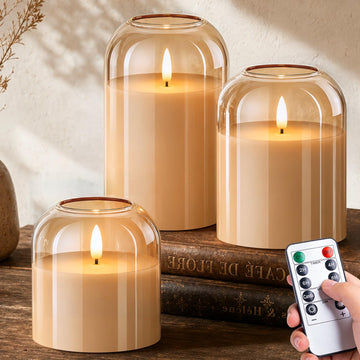 Fall Decorations, Amber Glass Flameless Candles, LED Pillar Candle