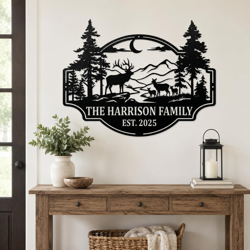 Metal Deer Scene Outdoor Family Wall Sign, Custom Deer Name Sign, Hunter Gifts Cabin Family Name Sign, Christmas Gifts