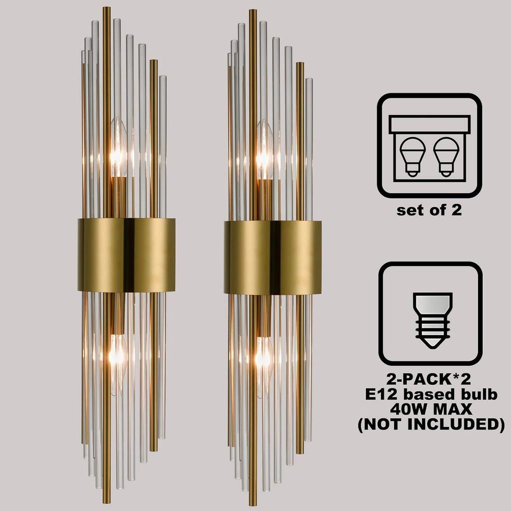 2-Light Modern Brushed Titanium Gold Wall Sconce with Clear Glass Crystal Luxury Wall Light Fixtures for Bedroom