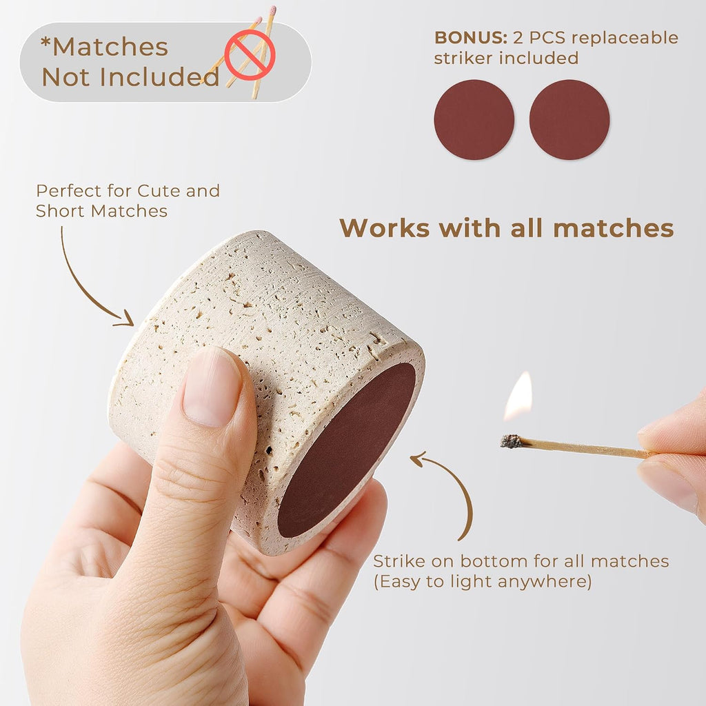 Travertine Stone Match Holder with Striker, 2.6" x 2"