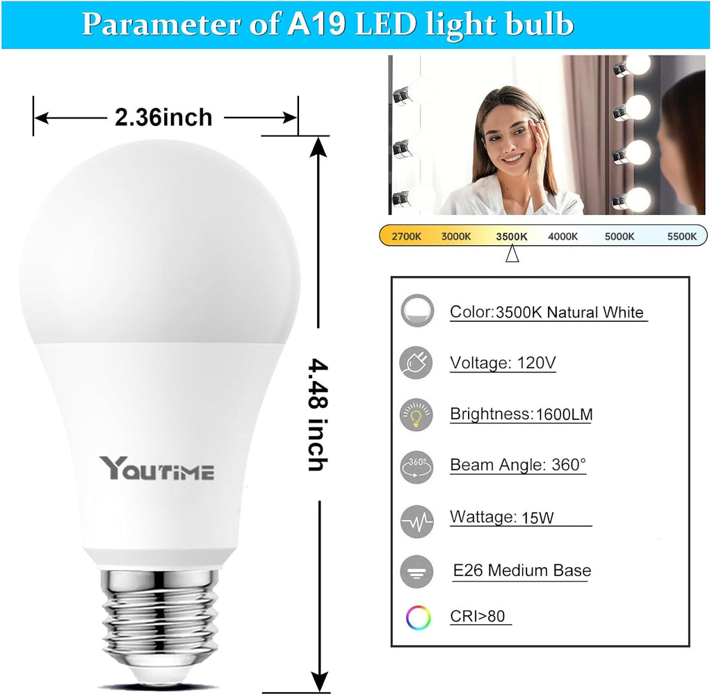 LED Light Bulbs A19 3500K Natural White 100 Watt Equivalent (Not Dimmable)