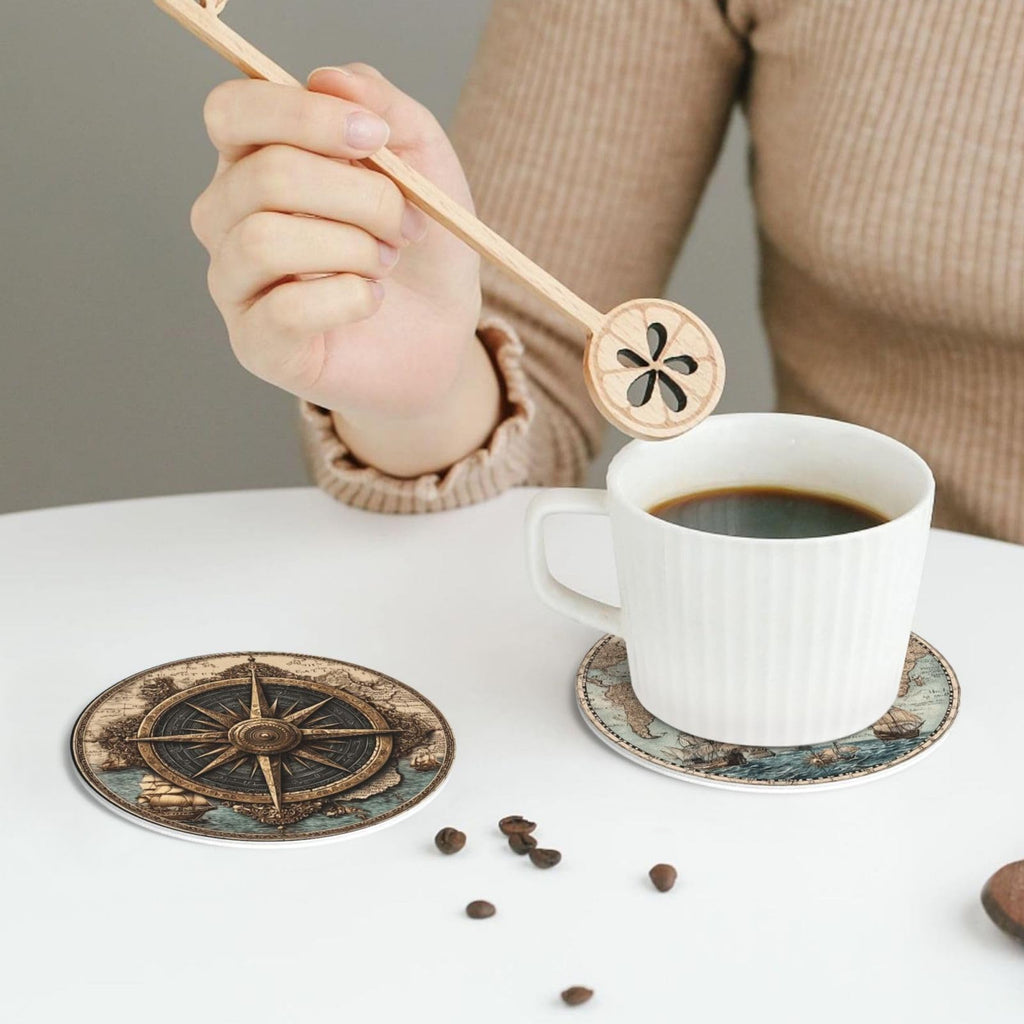 Nautical Compass Coasters for Drinks with Holder Round Leather Coasters Set of 6 Cups Mugs Mat Pad Kitchen Bar