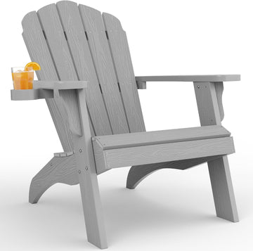 Oversized Adirondack Chair with Cup-Holder - Grey | Heavy Duty Poly Lumber Outdoor Fire Pit Chair, Weather Resistant