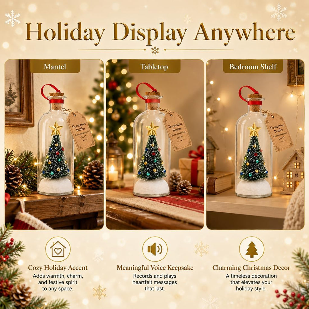 Recordable Christmas Tree in a Bottle Ornament,30-Second Voice Recording Keepsake with Snowy Mini Trees,Glass - Set of 3