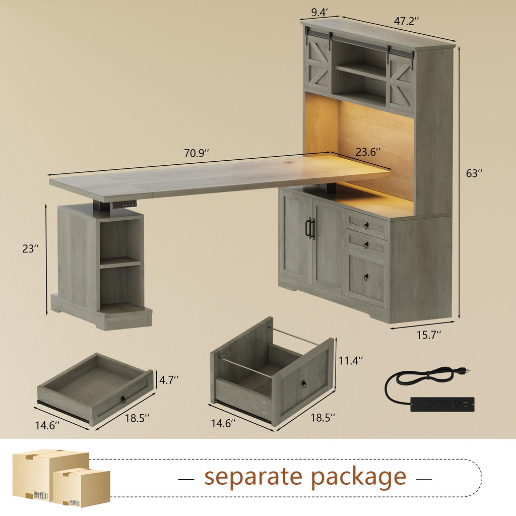 71" LED L Shaped Standing Desk with Hutch and Drawers Grey