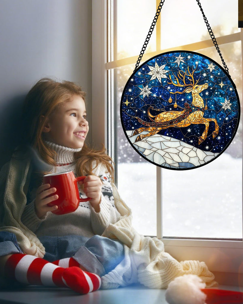 Stained Glass Window Hanging - Reindeer Blue Starry Sky Suncatcher for Doors Home Christmas Decoration Winter