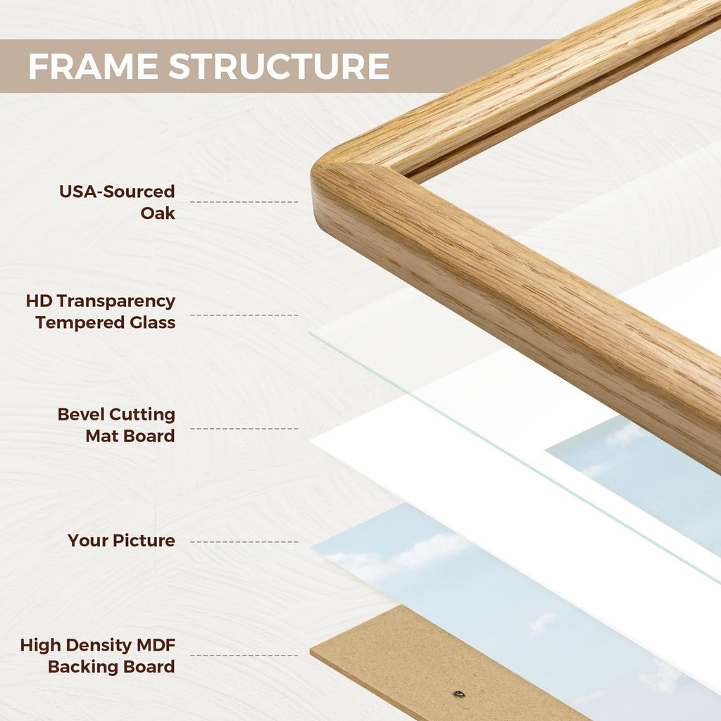 8x12 Picture Frame, USA-Sourced Oak Wood Frame with HD Tempered Glass, Handcrafted Rustic Farmhouse Picture Frame for