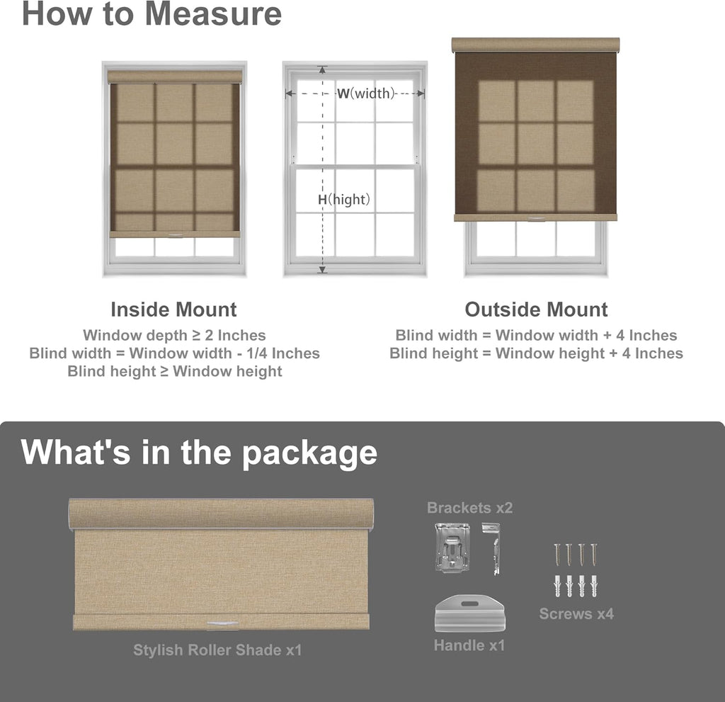 Blackout Roller Shades for Indoor Windows, Pull Down Roller Blinds Cordless, Linen Fabric, Thermal Insulated UV