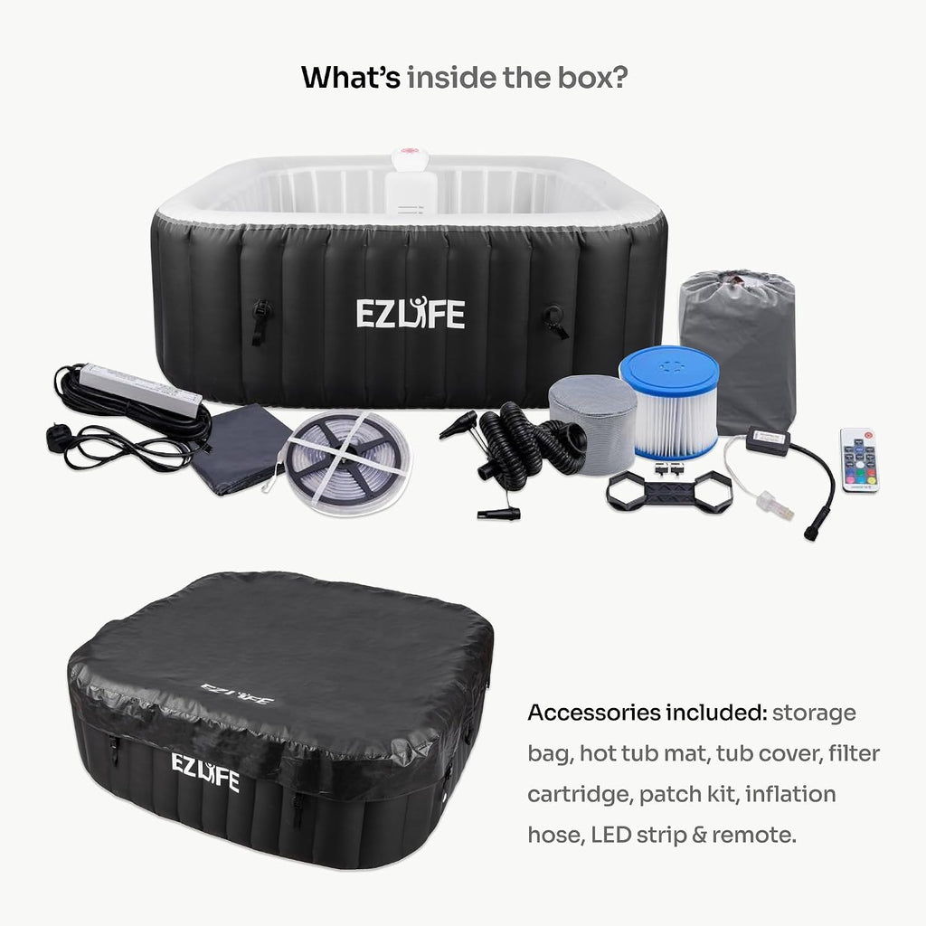 6-Person Inflatable Hot Tub Spa with LED Light Strip | 130 Air Jets, 1,350W Heater, 252-Gallon Square Spa with Cover