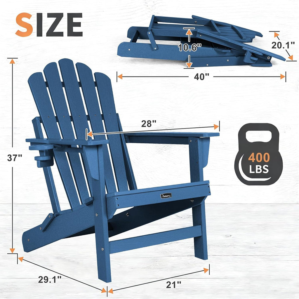 Folding Adirondack Chair Set of 4, Fire Pit Chairs with Cup Holder | Wood-Grain, HDPE All Weather, Quick-Folding, No