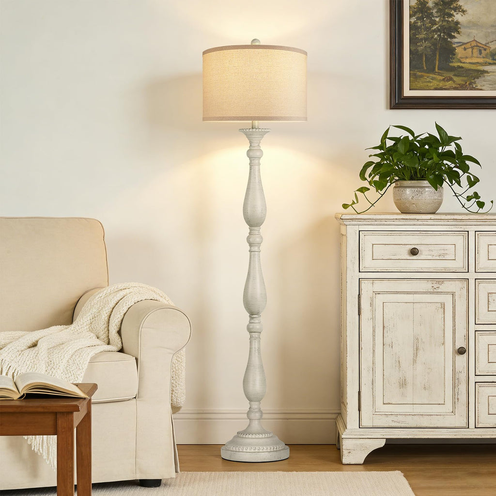 Vintage Floor Lamp, Rustic Farmhouse Standing Lamp with Rotary Switch and Linen Shade, Retro Resin Floor Lamp