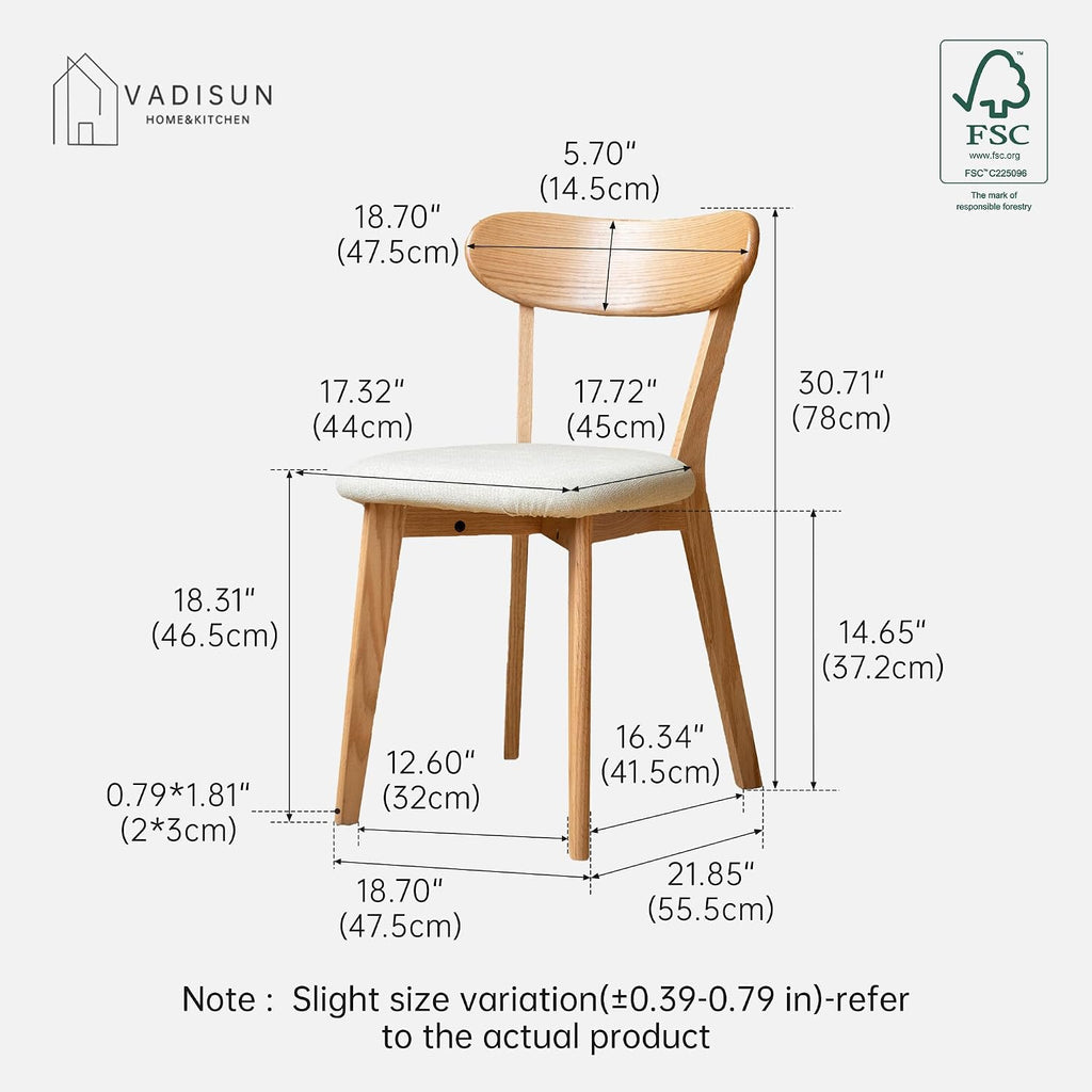 100% Solid Oak Dining Chairs, Mid Century Modern Dining Chair with Curved Backrest, Fabric Upholstered Dining Chairs
