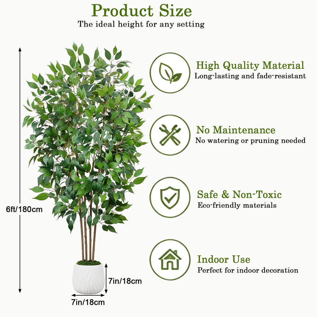 6 FT Artificial Ficus Tree with Planter & Natural Trunks, Faux Tree Indoor