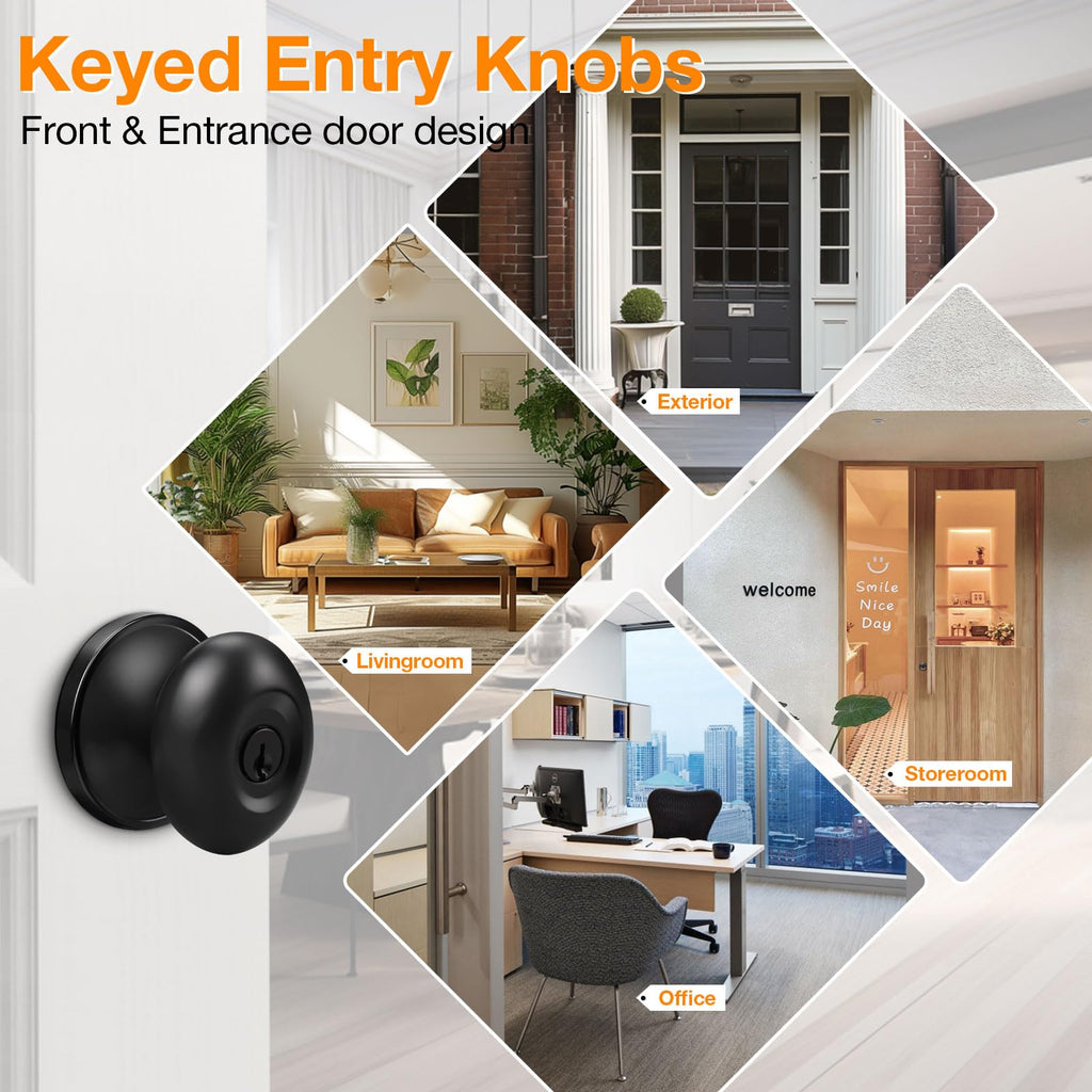 3 Pack Oval Keyed Alike Entry Door Locks in Matte Black Egg Door Knobs with Lock and Same Key for Exterior Front Door