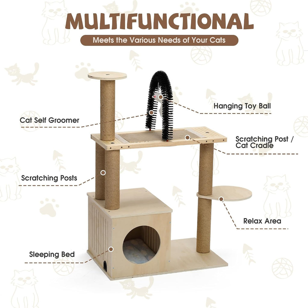 Wooden Cat Tree with Scratching Post, Modern Tower for Indoors Cats, Natural