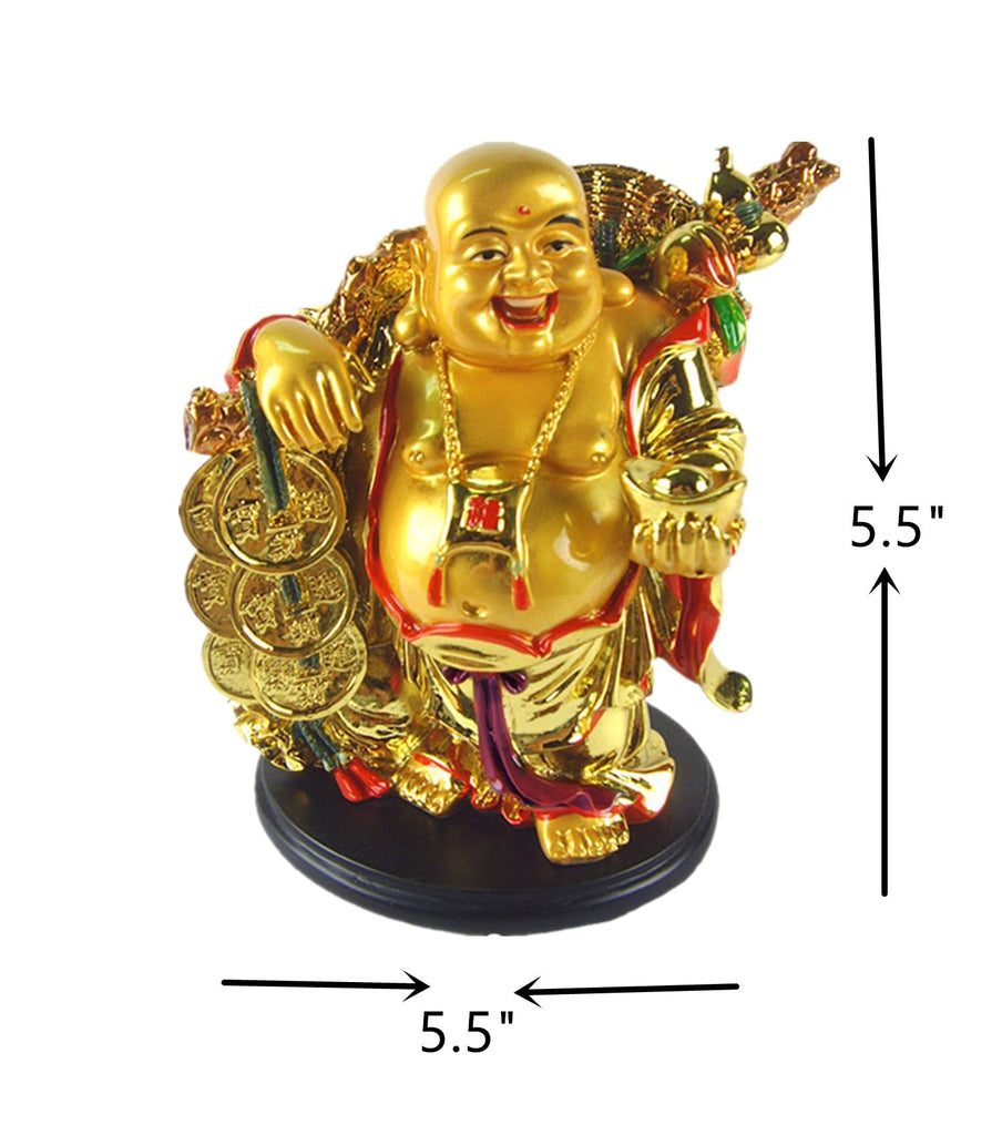 5.5" Feng Shui Golden Laughing Happy Buddha Statue Holding Ingot Home Office Decor