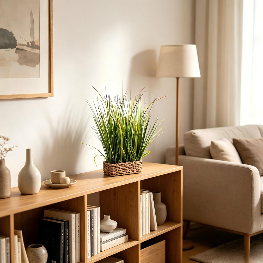 20"Artificial Grass Plant in Leather Woven Planter Decor