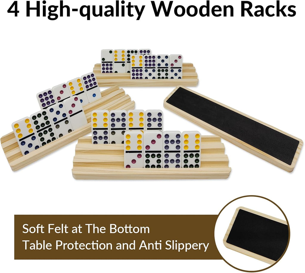 Double 9 Dominoes Set with 4 Wooden Trays/Racks, Double Nine Dominos Travel Set with 4 Domino Tiles Holders, 55 Tiles