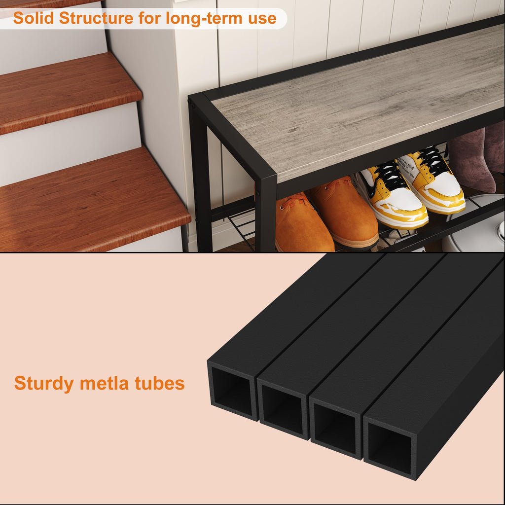 2 Tiers Shoe Bench, Retro Industrial Shoe Storage Bench with Mesh Shelf and Sturdy Metal Frame, Metal Shoe Rack Bench