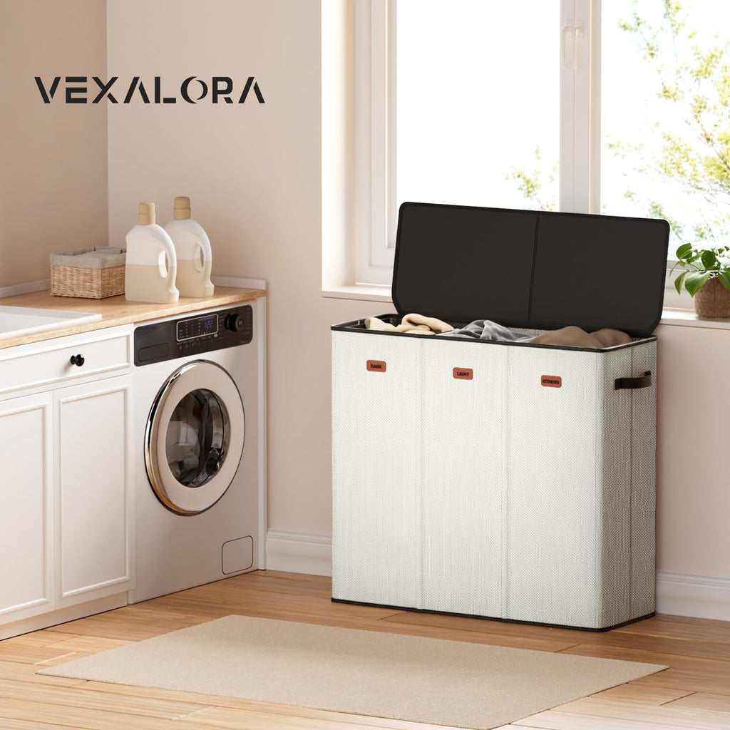 185L Triple Laundry Hamper with Lid, Dirty Clothes Hamper, Off-White