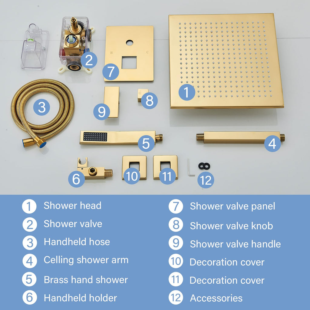 Polished Gold Shower System 12 Inch LED Square Rainfall Shower Head Ceiling Mount Shower Faucet Set with Hand Sprayer