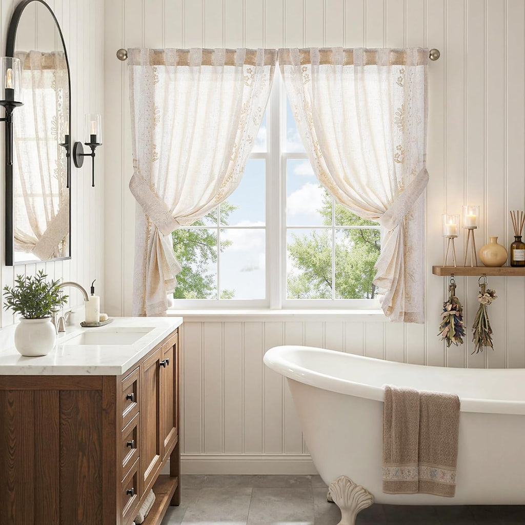 Belrose Linen Floral Cafe Curtains 45 Inch Length Embroidered Farmhouse Curtains for Kitchen Bedroom Bathroom Small