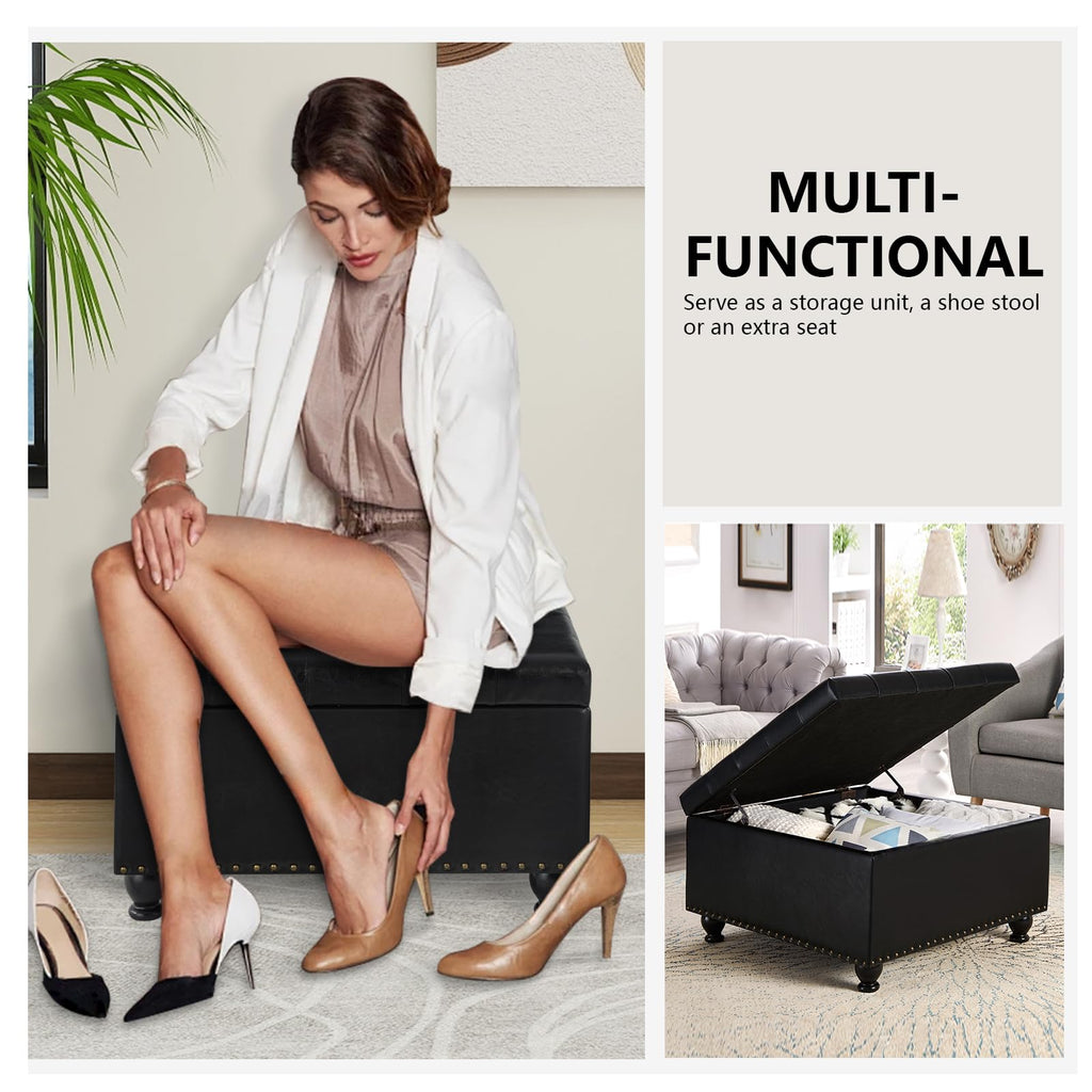 30 Inch Square Ottoman with Storage Oversized Button Tufted Storage Ottoman with Nail Trims Faux Leather Padded Seat