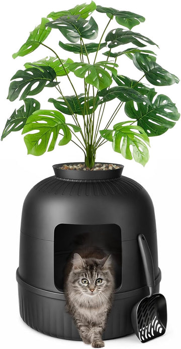 Hidden Plant Cat Litter Box with Stainsteel Scoop, Black