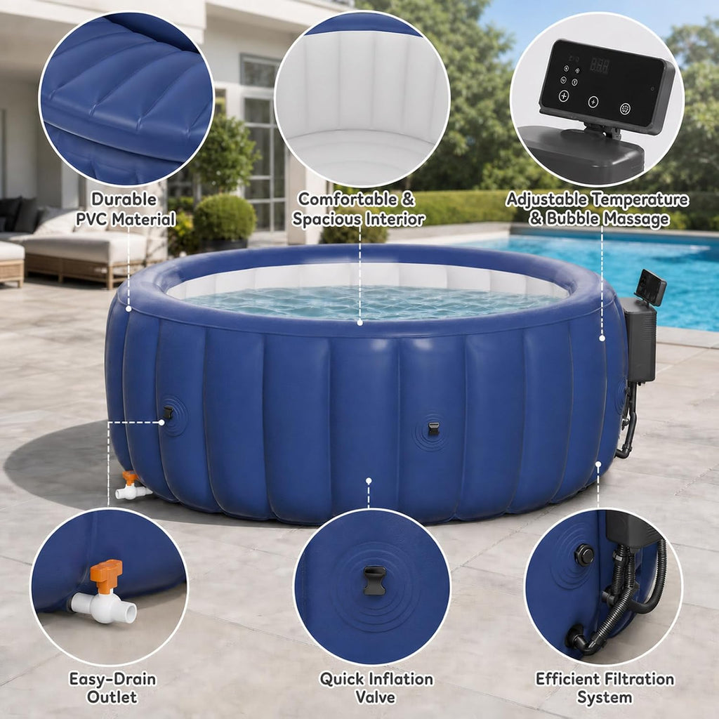 Inflatable Hot Tub, Round Blow up Portable Hot tub, Smooth Easy-Wipe Interior, Convenient Side Drain Spout, Blow Up