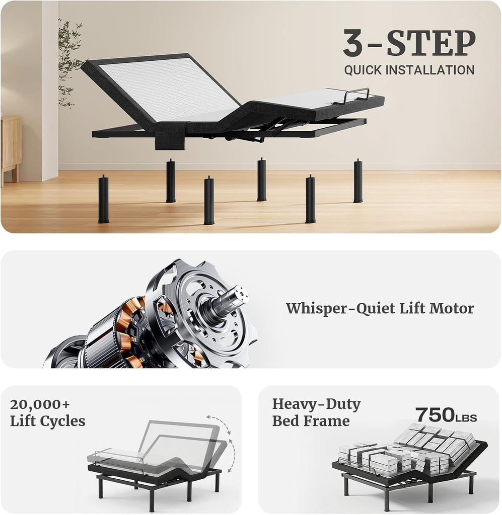 T600 Split King Adjustable Bed Frame with Massage & Remote, Syncable Adjustable Bed Base with Head & Foot Incline