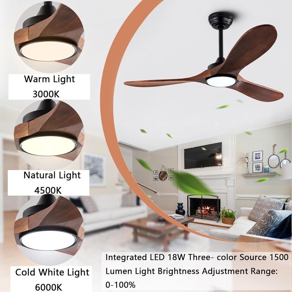 42 Inch Wooden Ceiling Fan with Light and Remote Control - Noiseless Reversible DC Motor, 3 Blades, 6-Speed - Black + Walnut