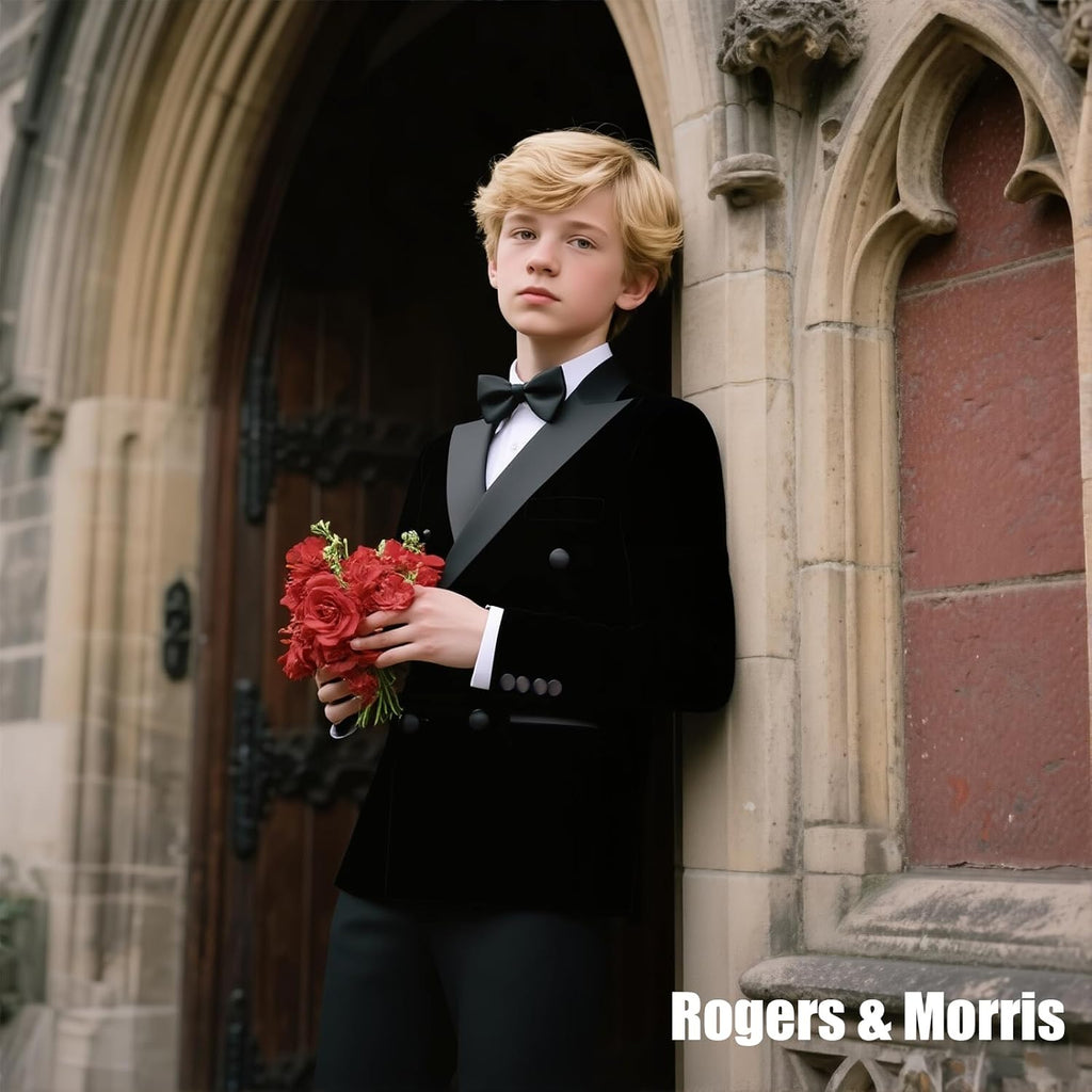 Boys Velvet Tuxedo Suit Double Breasted Formal 3 Piece Kid Suit Set