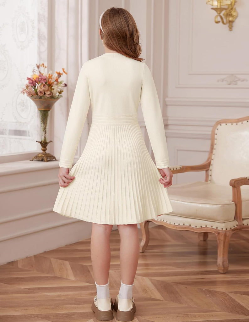Girls Sweater Fall Dress Long Sleeve Knit Button Front Pleated A-Line Casual Winter Midi Dresses